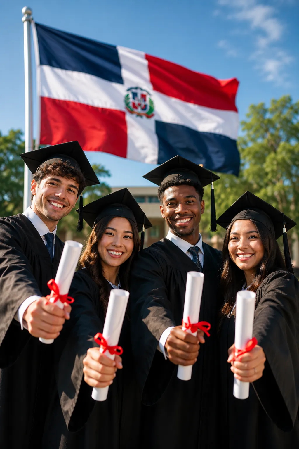 Estudiantes graduados celebrando con sus diplomas frente a la bandera de República Dominicana